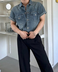 Vintage Washed Denim Short Sleeve Casual Shirt