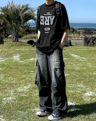 Vintage Washed Straight Leg Loose Denim Cargo Pants