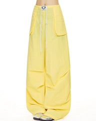 Vintage Yellow Drawstring Wide Leg Casual Pants