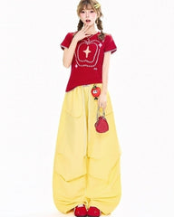 Vintage Yellow Drawstring Wide Leg Casual Pants