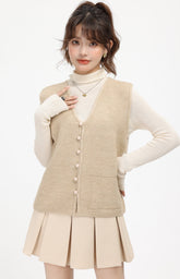 Beige Knitted V-Neck Cardigan Vest