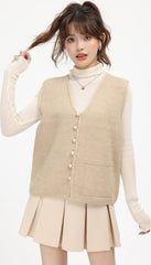 Beige Knitted V-Neck Cardigan Vest