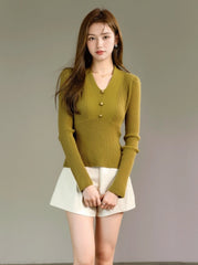 Vneck Slim Fit Sweater With Gold Button Accent