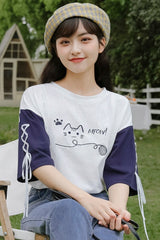 White And Blue Cat T-Shirt With Lace Up Sleeves