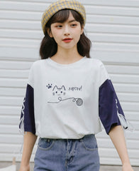 White And Blue Cat T-Shirt With Lace Up Sleeves