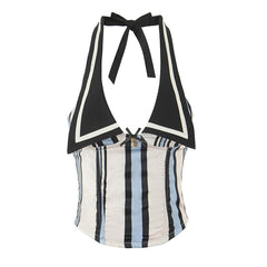 White And Blue Stripe Collared Halter Top