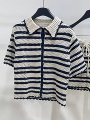 White And Blue Striped Crochet Button-Up Top