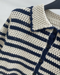 White And Blue Striped Crochet Button-Up Top