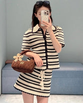 White And Blue Striped Crochet Button-Up Top