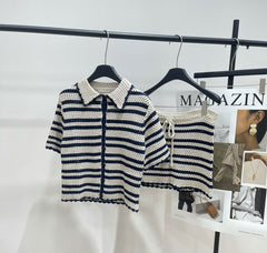 White And Blue Striped Crochet Button-Up Top