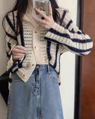 White And Blue Striped Hollow Knot Collared Cardigan