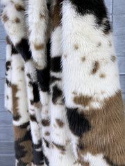 White And Brown Cow Pattern Faux Fur Long Coat