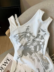 White Asymmetric Graphic Top