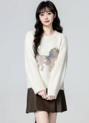 White Cartoon Crewneck Pullover Sweater Top