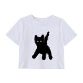White Cat Print Cropped T-Shirt
