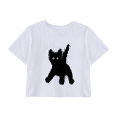White Cat Print Cropped T-Shirt