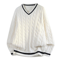 White Contrast Trim Cable Knit Sweater