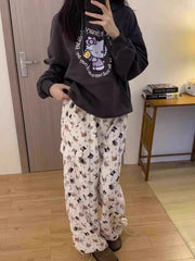 White Dogs And Cats Pattern Multi-Pocket Pants