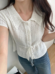 White Drawstring Waist Knitted Top