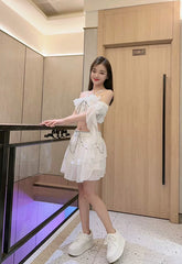 White Embellished Lace Top And Skirt Set