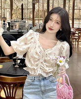 White Floral Drawstring Crop Top
