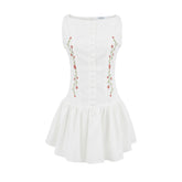White Floral Embroidery Drop-Waist Dress