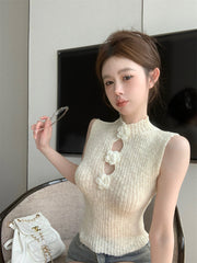 White Flower Accent Cutout Knit Top