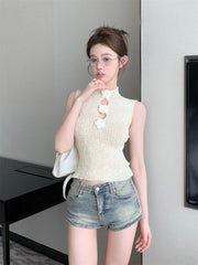 White Flower Accent Cutout Knit Top