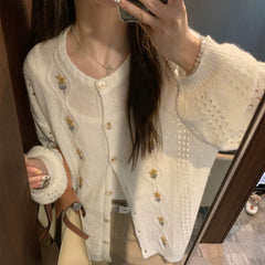 White Flower Embroidered Button-Up Cardigan