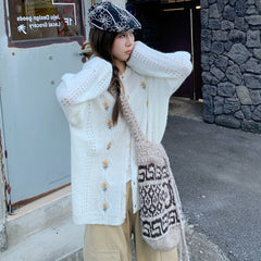 White Flower Embroidered Button-Up Cardigan