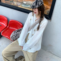 White Flower Embroidered Button-Up Cardigan