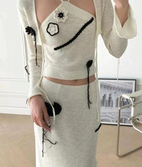 White Flower Embroidered Crop Cardigan