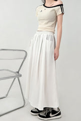 White Flowy Elastic Waist Midi Skirt