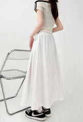 White Flowy Elastic Waist Midi Skirt