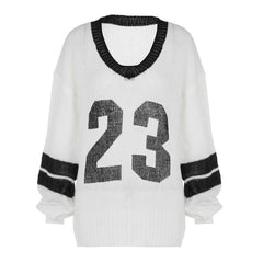 White Graphic Number Jersey Style Sweater