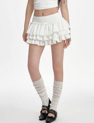 White High-Waist Tiered Frill Skirt