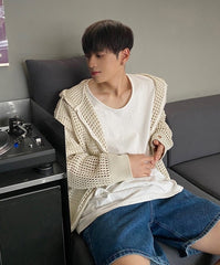 White Hollow Knit Hooded Cardigan
