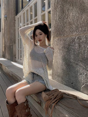 White Hollow Knitted See-Through Sweater