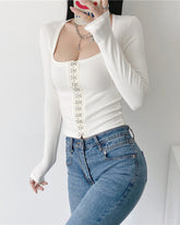White Hooks Square Neckline Crop Top