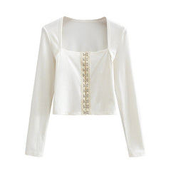White Hooks Square Neckline Crop Top