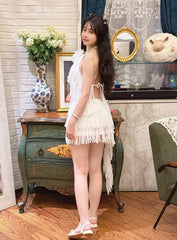White Irregular Fringed Halter Top and Skirt Set
