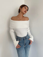 White Knit Off-Shoulder Ribbed Sweater