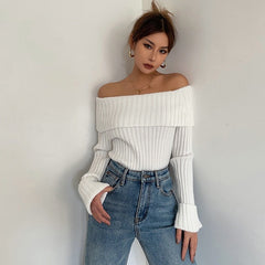 White Knit Off-Shoulder Ribbed Sweater