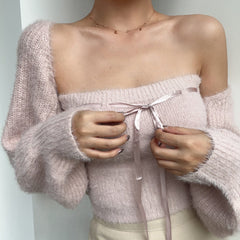 Pink Knitted Tube Top And Cardigan