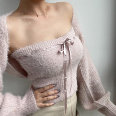 Pink Knitted Tube Top And Cardigan