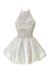 White Lace Halter Bubble Mini Dress