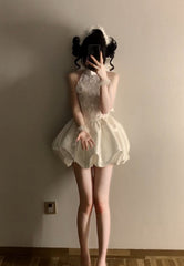 White Lace Halter Bubble Mini Dress