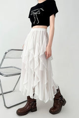 White Lace Midi Skirt Flowy Irregular Hem