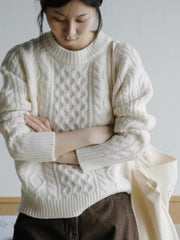 White Multi-Pattern Cable Knit Sweater