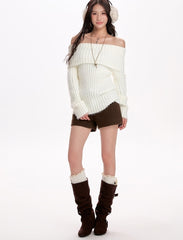 White Off Shoulder Ribbed Knit Top